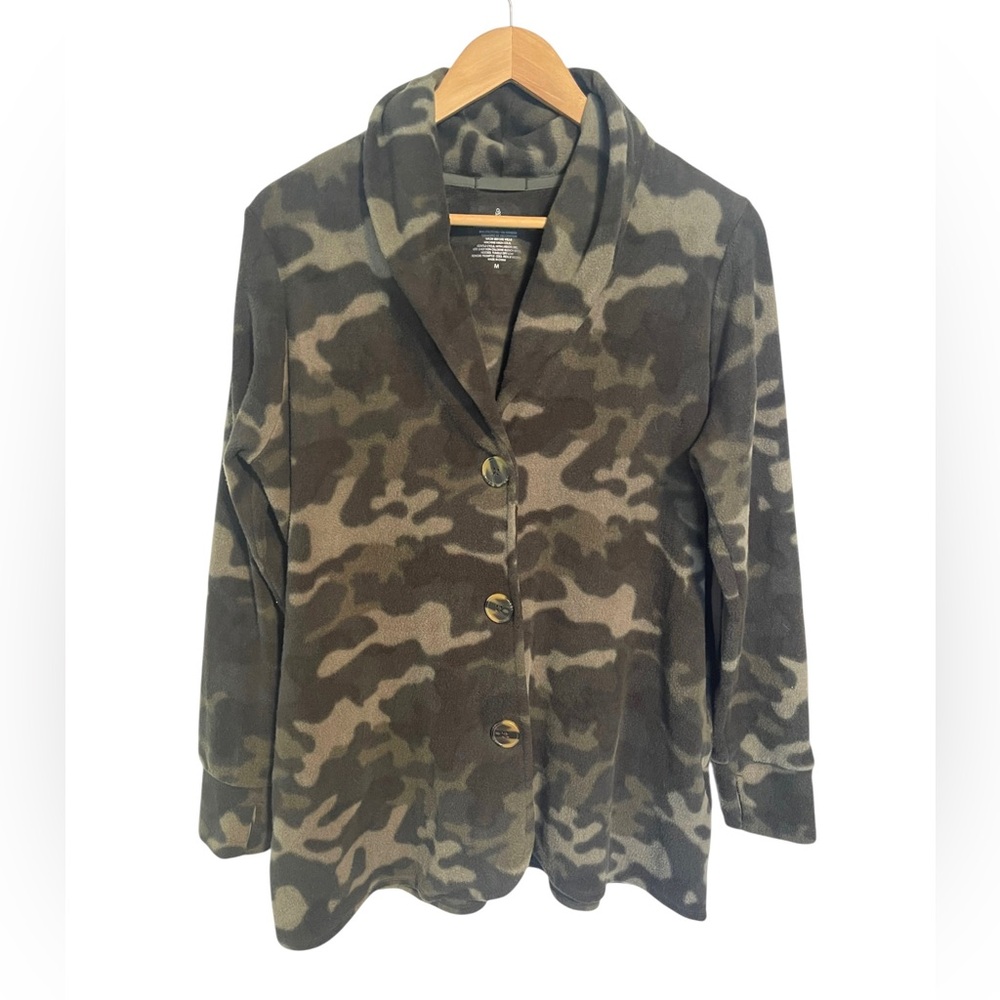 Cuddl Duds Fleecewear Button Front Cardigan Jacket Olive Camo Women’s Medium